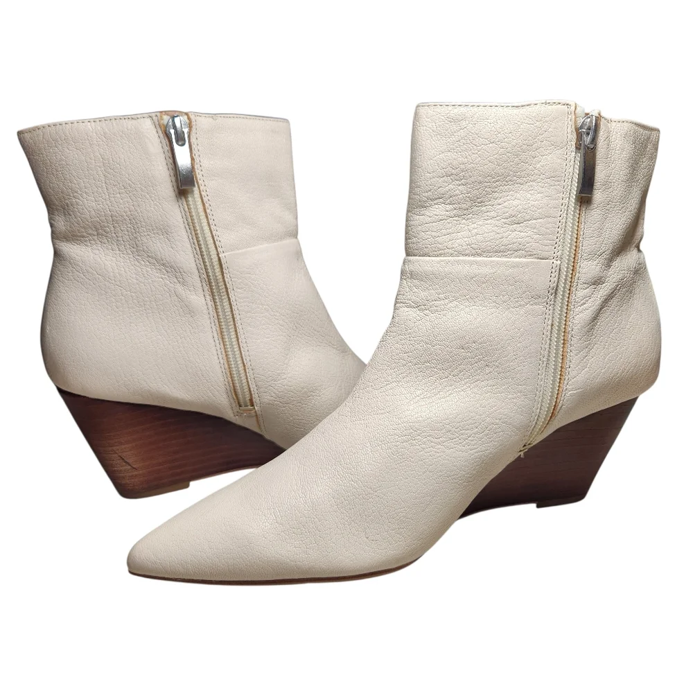 FRANCO SARTO Amsterdam Ivory Leather Ankle Wedge Booties Mod White Luxury‎ 8.5